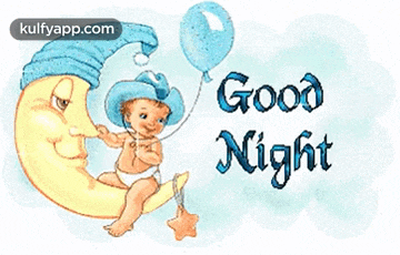 a baby is sitting on a crescent moon holding a blue balloon