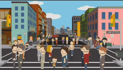 a cartoon of people crossing a street in front of a hotel and a law office