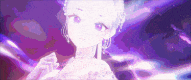 a girl with white hair and pink eyes is wearing a white dress and a purple background .