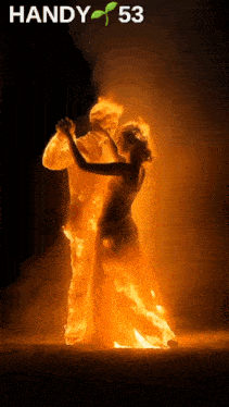 a man and a woman are dancing in flames with handy 53 on the bottom