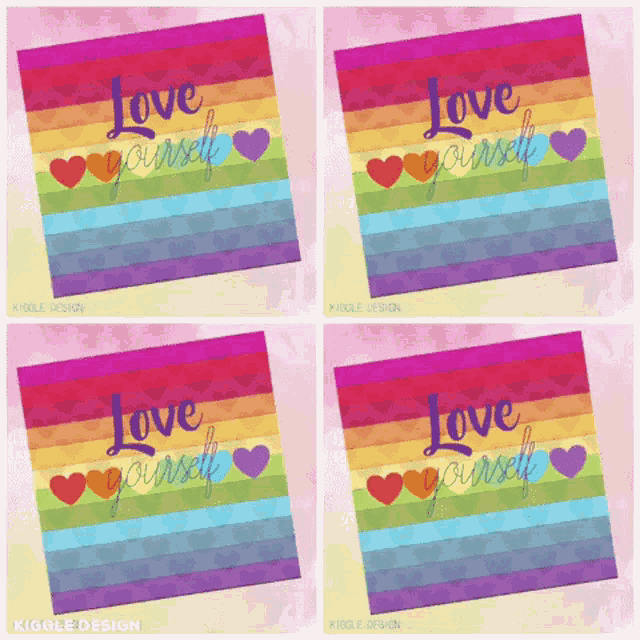 four cards that say love yourself with hearts on them