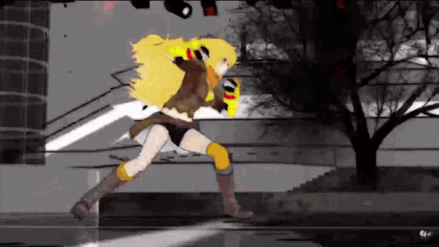 a cartoon character with yellow hair is running with a yellow gun .