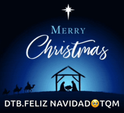 a merry christmas card with a nativity scene in the background