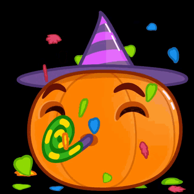 a cartoon pumpkin wearing a witch hat and holding a party horn