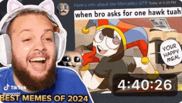 a man with a beard wearing headphones is laughing in front of a cartoon .