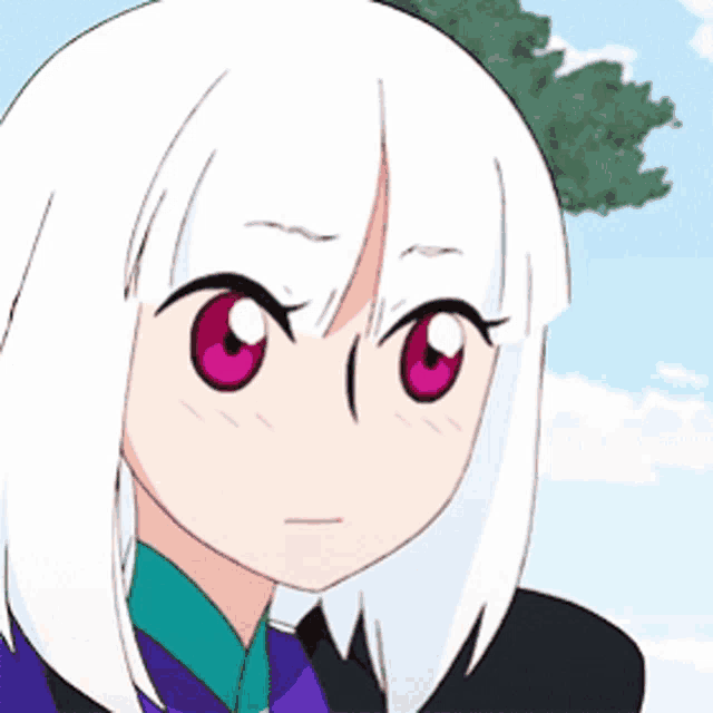 a cartoon girl with white hair and pink eyes is looking at the camera