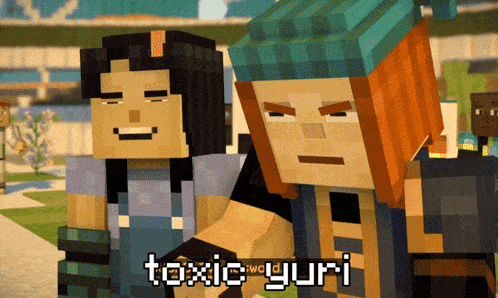 a couple of minecraft characters standing next to each other with the words toxic world yuri on the bottom right