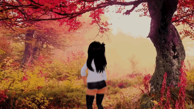 a girl in a white shirt is standing in a forest