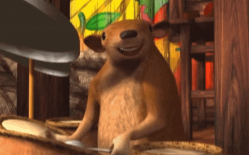 a cartoon character is playing drums and smiling in front of a stained glass window