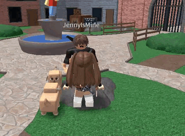 a girl is standing next to a dog in a video game while a boy stands behind her .