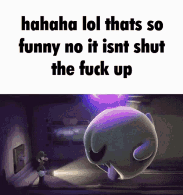 a picture of a cartoon character with the words " hahaha lol thats so funny no it isn t shut the fuck up "