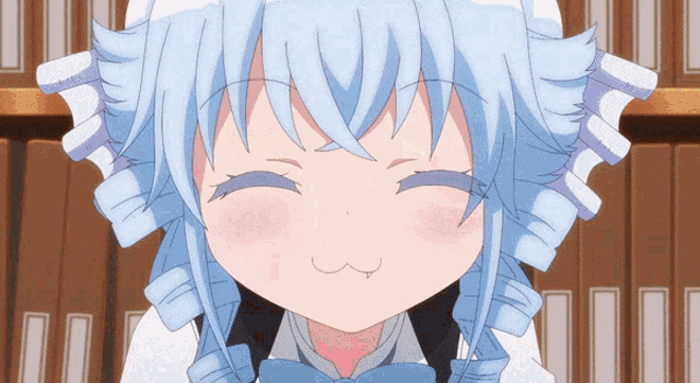 a girl with blue hair and a bow tie making a funny face
