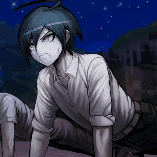 a drawing of a boy with a white shirt and black hair
