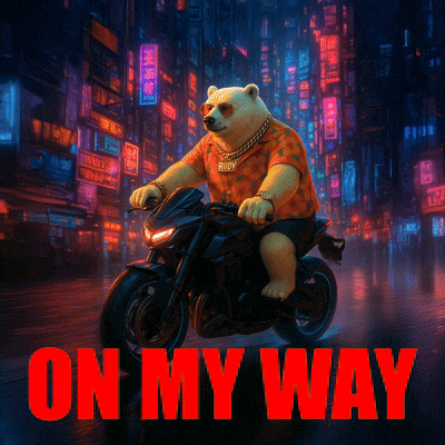 a bear is riding a motorcycle with the words " on my way " below it