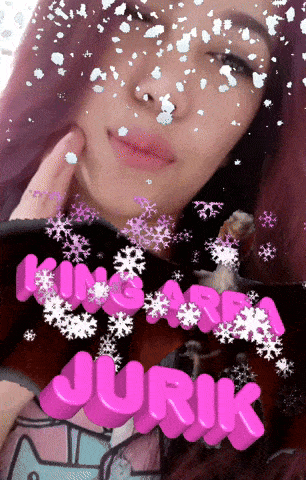 a girl with purple hair is surrounded by snowflakes and the word jurik