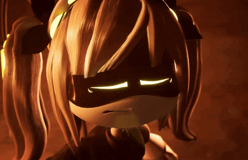 a close up of a cartoon character 's face with glowing eyes