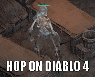 a skeleton in a video game with the words hop on diablo 4 above it