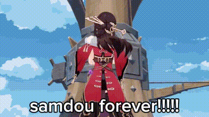 a woman in a red dress is standing next to a large object and holding a sword .