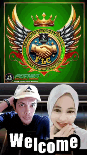 a man and a woman are standing in front of a logo that says " welcome "