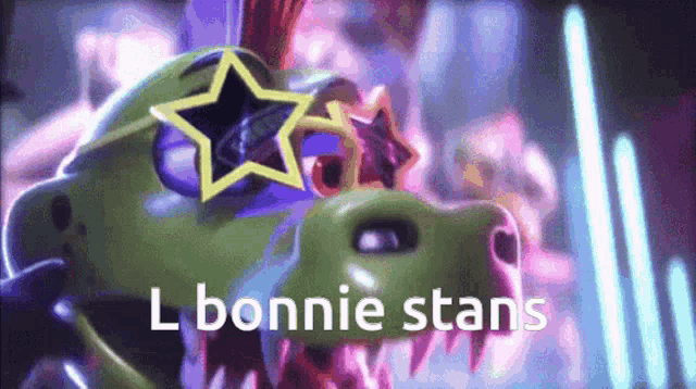 a cartoon dinosaur wearing sunglasses and a star on its head says l bonnie stans .