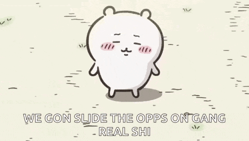 a cartoon bear is standing in a field with mountains in the background and says `` we gon slide the opps on gang real shi ''
