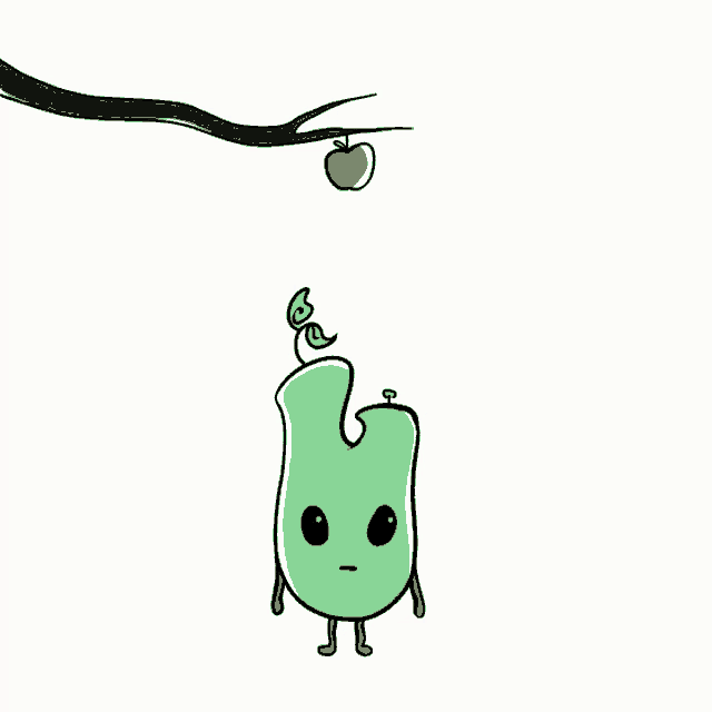 a cartoon character with a surprised look on its face is hanging from a tree branch with an apple hanging from it
