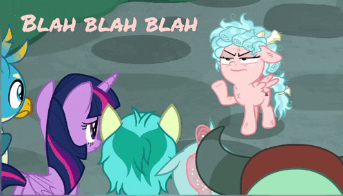 a cartoon of ponies with the words " blah blah blah " written above them