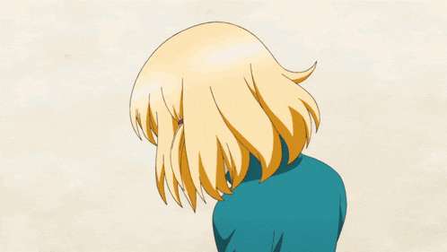 a drawing of a girl with blonde hair and a blue jacket