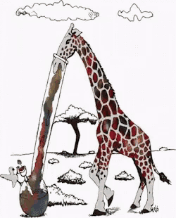 a drawing of a giraffe smoking a bong with trees in the background