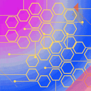 a purple and blue background with yellow hexagons
