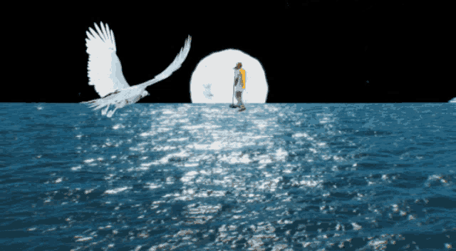 a man is standing in the middle of the ocean with a bird flying overhead