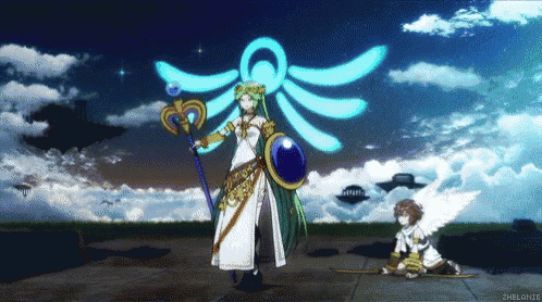 a pixel art of a woman holding a shield and a staff