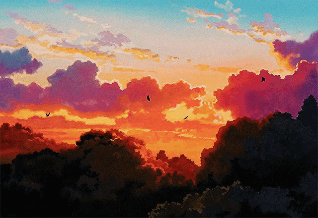 a painting of a sunset with clouds and trees