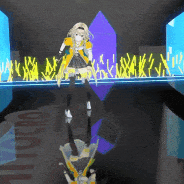 a computer generated image of a girl standing in front of a purple cube