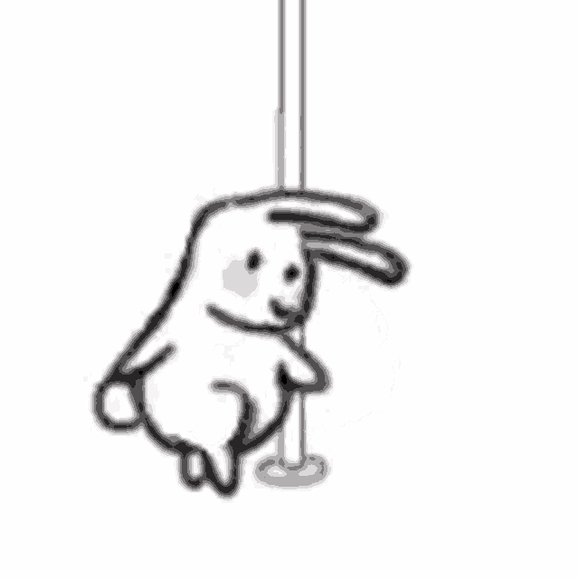 a cartoon rabbit is standing on a pole with its ears up .