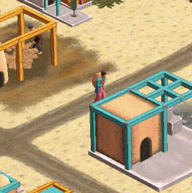 a man in a blue shirt is walking between two buildings in a video game