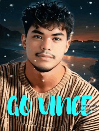 a picture of a young man with the name vince written in blue