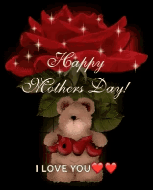a happy mothers day card with a teddy bear holding a red heart and a rose