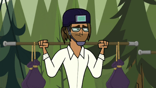 a cartoon character with a helmet and glasses holds a stick over his head
