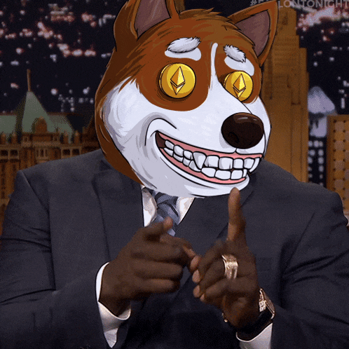 a man wearing a suit and tie with a dog mask on his face