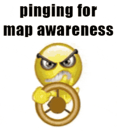 an angry smiley face is holding a steering wheel with the words pinging for map awareness below it