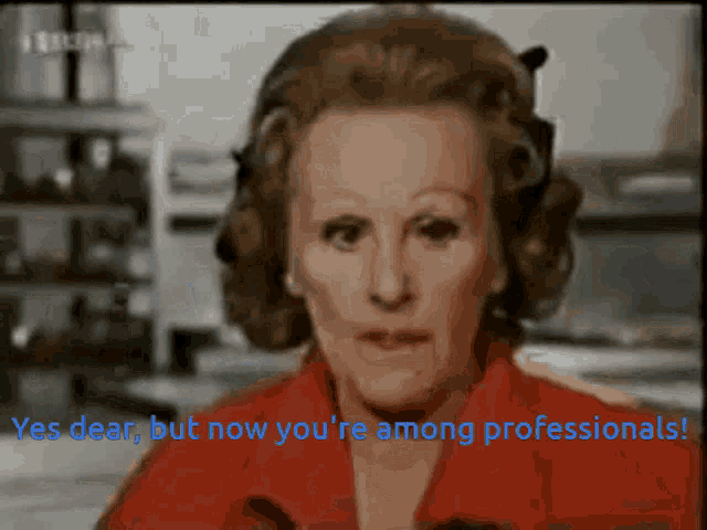 a woman in a red shirt says yes dear but now you re among professionals
