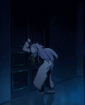 a woman with purple hair is standing in a dark room