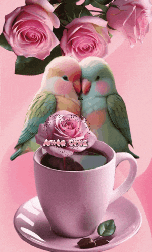 a cup of coffee with two birds kissing on a pink rose