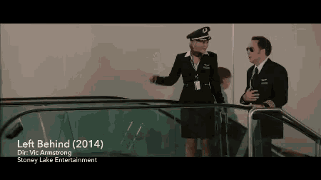 a man and a woman are standing on an escalator in a movie called left behind 2014