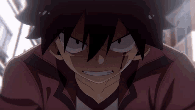 a close up of a anime character with a red jacket
