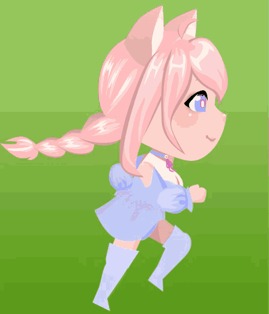 a cartoon girl with pink hair and blue eyes is running