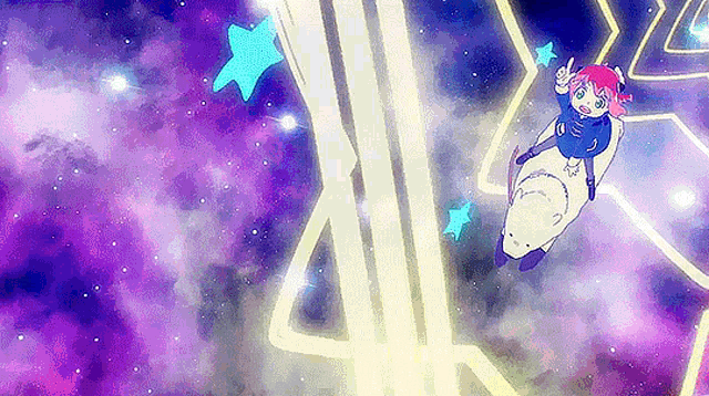 a cartoon girl is flying through the air on a rocket in space .