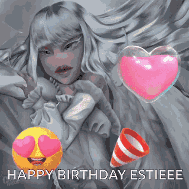 a cartoon of a girl with hearts in her eyes and the words " happy birthday estiee "