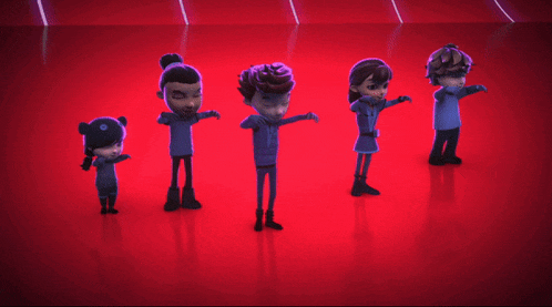 a group of cartoon characters are standing in a row with their arms in the air